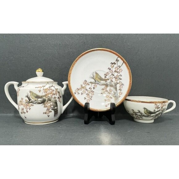 Vintage Asahi Collection Japan Porcelain Tea Cup Saucer Sugar Bowl Bird Cherry